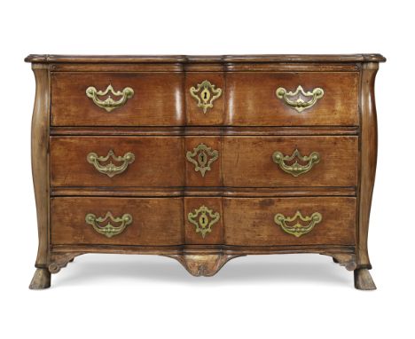A provincial Louis XV mahogany commode, Second quarter 18th century, With three long drawers, on hoof feet, 83cm high, 128cm 