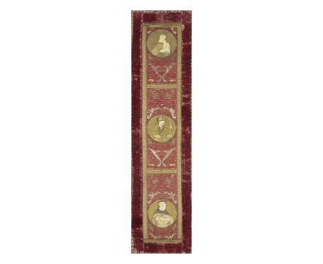 An incomplete Italian embroidered orphrey panel, First half 17th century,The central panel worked in silk and metal thread on