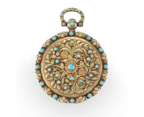 Viner & Co., New Bond Street, an 18ct three colour gold and turquoise open face pocket watch, London hallmark 1824,Gilt brass