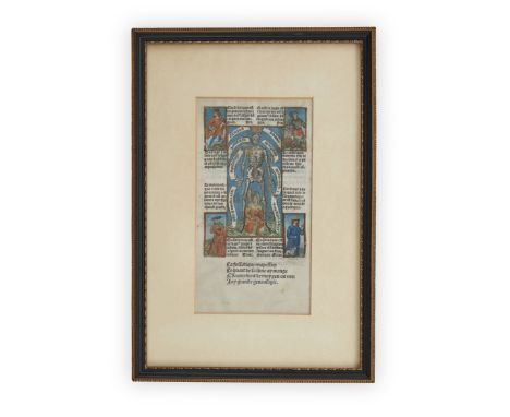 Hardouin, Germain and Gillet, Homo anatomicus or zodiac man from the Book of Hours, in French, an illuminated manuscript page