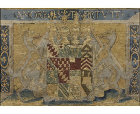 An English armorial tapestry fragment bearing the Coat of Arms of the Raleigh family, Late 16th / early 17th century,  Woven 