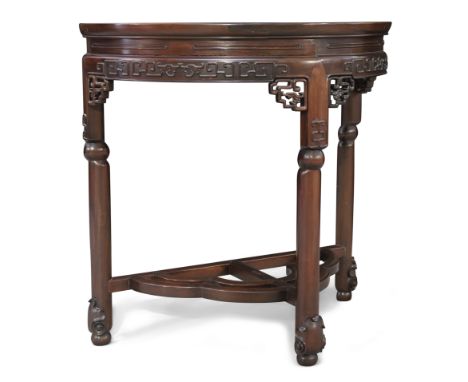 A Chinese hongmu demi-lune side table,Late Qing dynasty / Republic period,The top inset with burlwood panel, the frieze finel