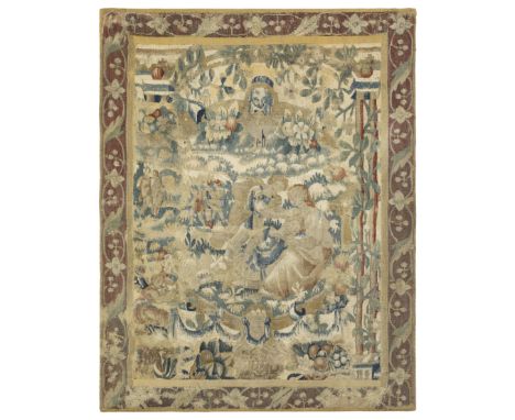 A Flemish biblical tapestry fragment,17th century,Woven in wools and silks, depicting Samson and Delilah, with an attendant c