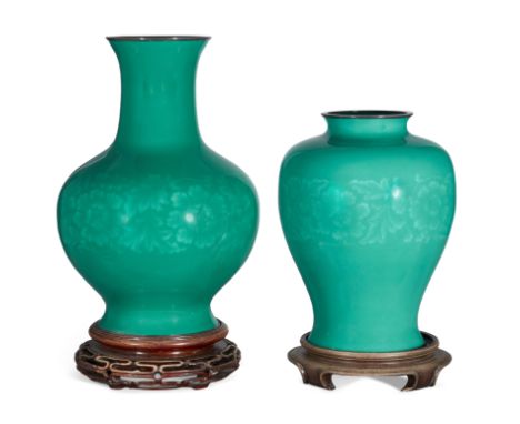 Two Japanese emerald green cloisonn&eacute;-enamel baluster vases, By the Ando Jubei Company, Showa period, 20th century,Each