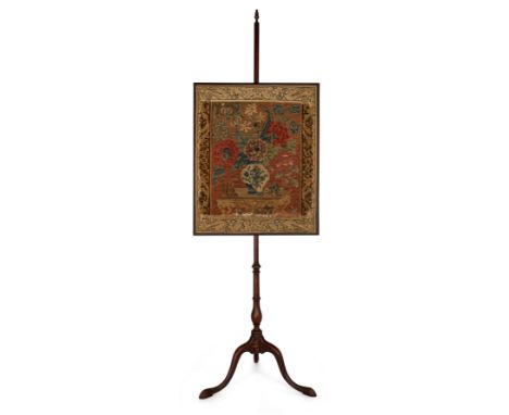 An English mahogany pole screen with needlework panel,  Mid-18th century and later stand, The adjustable stand enclosing a ne