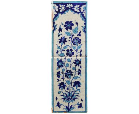 A turquoise and cobalt blue floral tile panel, Multan, North India, 19th century, The painted decoration consisting of a larg