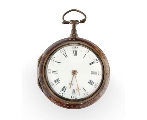 Charles Harwood, London, a gilt metal horn pair cased verge fusee pocket watch,C.1745,Gilt full plate movement with pierced a