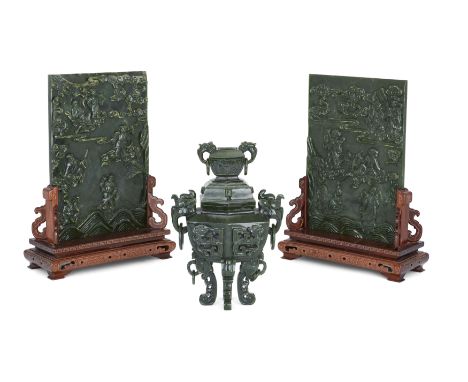 A pair of Chinese spinach jade table screens and a similar archaistic vessel and cover, fang ding, Late 20th century, The scr