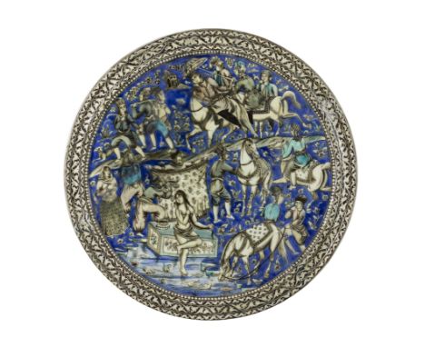 A large moulded and polychrome figural pottery tile roundel, Isfahan or Tehran, Iran, c.1880, Depicting the Armenian princess