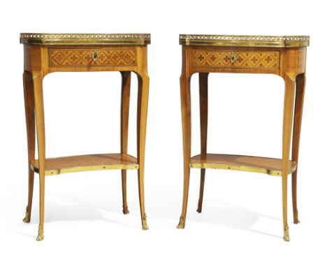 A pair of French inlaid kingwood bedside tables,First quarter 20th century, With brass galleried top above single drawer on s