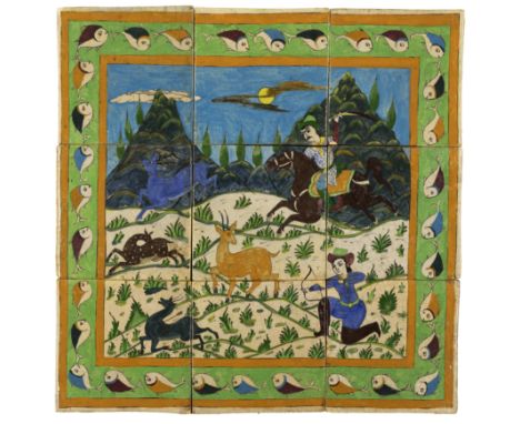 A polychrome pottery tile panel depicting a hunt,Iran, 20th century,Depicting two hunters stalking deer, the first kneels and