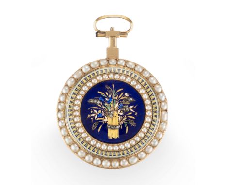 Guex, Paris, an enamel and pearl set open face pocket watch,&nbsp;C.1790,Gilt full plate verge movement with pierced and engr