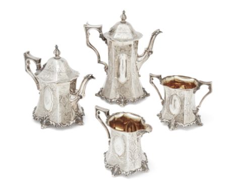 An ornate four piece Victorian silver tea set,  London, 1851, Joseph Angell II, Of octagonal baluster form, the set comprisin