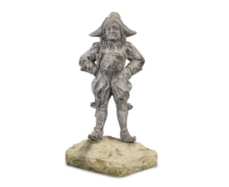 An English lead figure of Mr Punch,Probably by Crowther, early 20th century, Depicted with bicorn hat standing holding his cl