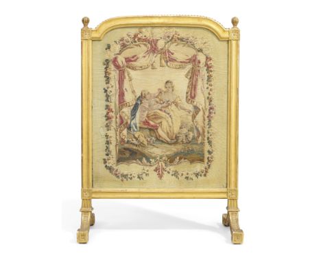 A French giltwood firescreen, Early 20th century, Inset with an 18th century Aubusson tapestry fragment depicting a shepherde