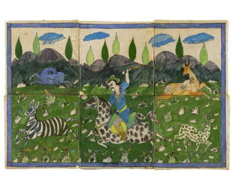 A rectangular polychrome pottery tile panel with hunting scene, Iran, 20th century, Depicting a mounted hunter brandishing hi