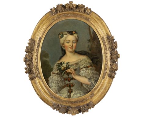 Follower of Nicolas de Largilli&egrave;re, French, 1656-1747, portrait of a lady holding a floral sprig, Portrayed half-lengt