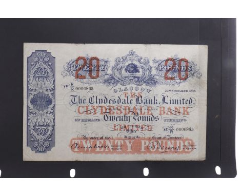 THE CLYDESDALE BANK LIMITED £20 TWENTY POUNDS NOTE DATED 23RD NOVEMBER 1938serial no. R/R 0000865, with printed signature of 