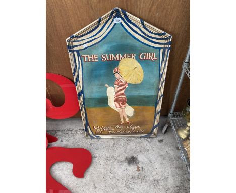 A LARGE VINTAGE 'SUMMER GIRL' ADVERTISING FAIR BANK LAKE SIGN (H:97CM) 