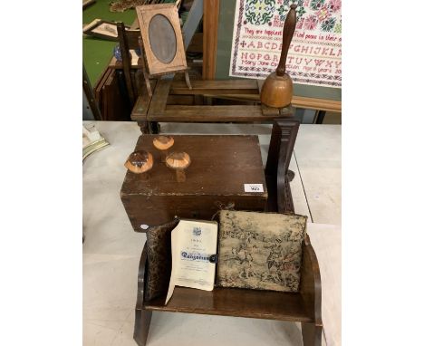 AN ASSORTMENT OF VINTAGE DESK TOP ITEMS TO INCLUDE A  HINGE TOPPED BOX, A  PICTURE FRAME, A FRENCH TAPESTRY 'A DAY WITH THE H
