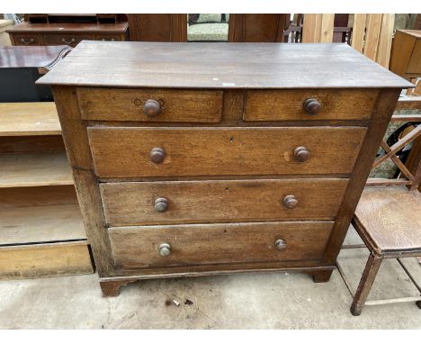 A GEORGE III OAK CHEST OF TWO SHORT AND THREE LONG DRAWERS, ON BRACKET FEET, 47" WIDE 