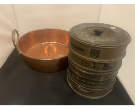 A LARGE COPPER BOWL (D:37CM) AND A VINTAGE BRASS STACK OF RIDSDALE AND CO LTD SAND TESTING SIEVES 