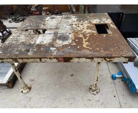 A LARGE VINTAGE CAST IRON INDUSTRIAL WORK TABLE 