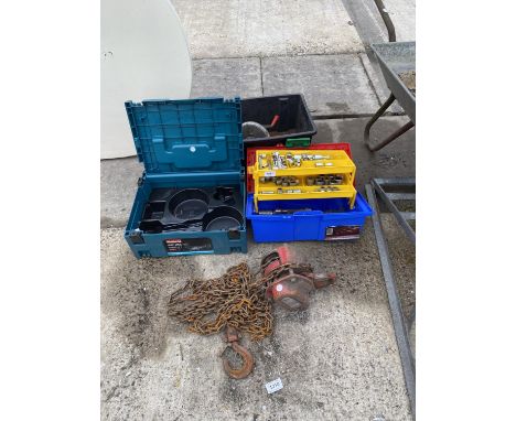 VARIOUS TOOLS - A CHAIN HOIST, SOCKET SET ETC 