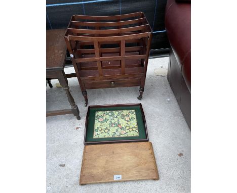 A MAHOGANY CANTERBURY STYLE MAGAZINE RACK ON BRASS CASTERS (AF), A VINTAGE BREAD BOARD AMD A MAHOGANY TEA TRAY 