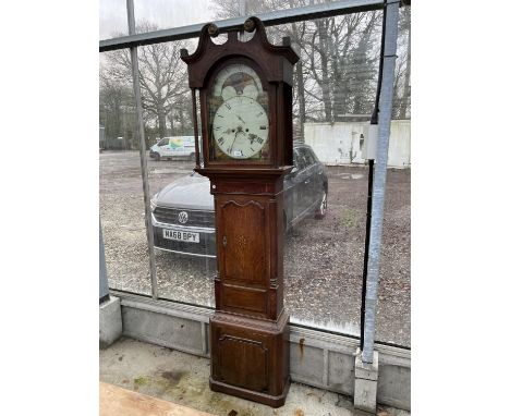 A 19TH CENTURY OAK AND CROSSBANDED EIGHT DAY LONGCASE CLOCK WITH ROLLING MOON ENAMEL DIAL (LEEK) 