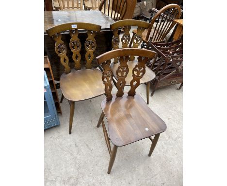 THREE ERCOL ELM DINING CHAIRS WITH PRINCE OF WALES FEATHER DESIGN 
