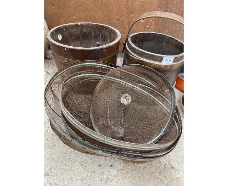 TWO VINTAGE WOODEN BARRELS ALONG WITH VINTAGE CAKE COVERS 