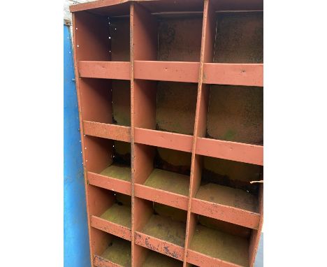 A VINTAGE RED METAL 18 PIGEON HOLE STORAGE CABINET (H:184CM W:92CM) 