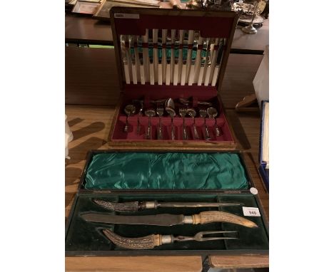 A VINTAGE CARVING SET AND A VINERS CANTEEN OF CUTLERY 