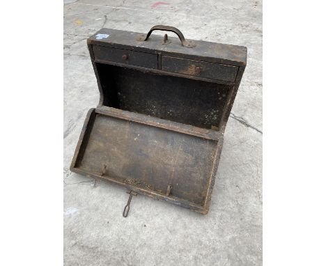 A VINTAGE WOODEN JOINERS CHEST 