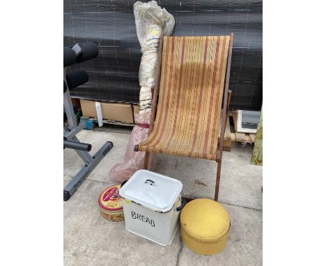 A WIND BREAK, A DECK CHAIR AND THREE VINTAGE ENAMEL TINS TO INCLUDE A BREAD BIN 