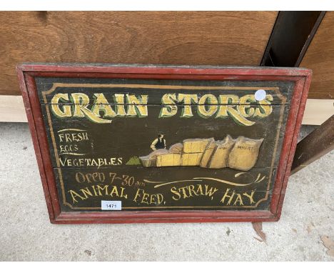 A VINTAGE WOODEN GRAIN STORE AND ANIMAL FEED SIGN 