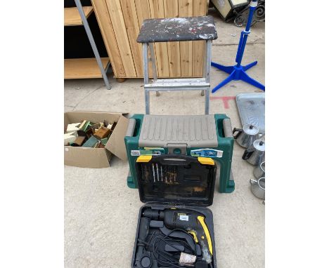 A MCKELLER POWER DRILL, A TWO RUNG STEP/SEAT AND A GARDENING AID 