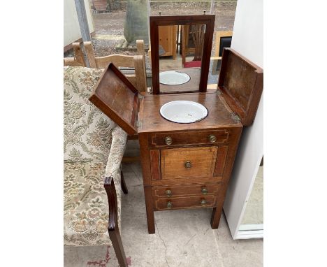 A REGENCY MAHOGANY AND INLAID WASHSTAND COMMODE WITH PULL-UP VANITY MIRROR WITH ENAMEL BASIN BUT LACKING CERAMIC POT 
