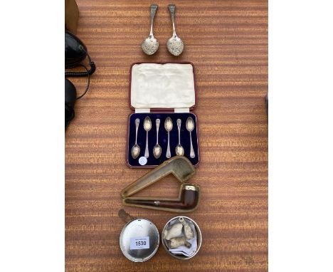 AN ASSORTMENT OF ITEMS TO INCLUDE A BRIAR PIPE WITH  HALLMARKED CHESTER SILVER CUFF AND FITTED CASE, A CASED SET OF SIX HALLM