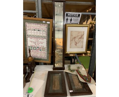 A PAIR OF WOODEN FRAMED VINTAGE STYLE PICTURES, A LONG MAHOGANY FRAMED MIRROR (130X20 CMS) AND TWO EMBROIDERIES 