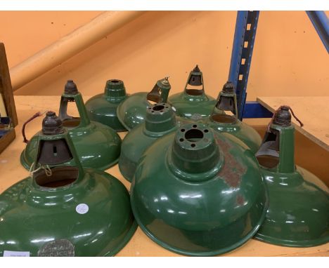 FIVE GREEN ENAMEL COOLICON PENDANT LIGHT SHADES AND A FURTHER FOUR SMALLER EXAMPLES 
