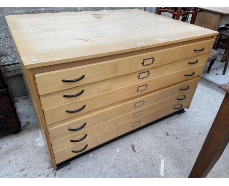 A MODERN LIGHT WOOD SIX DRAWER JUMBO PLAN CHEST, 52" WIDE 