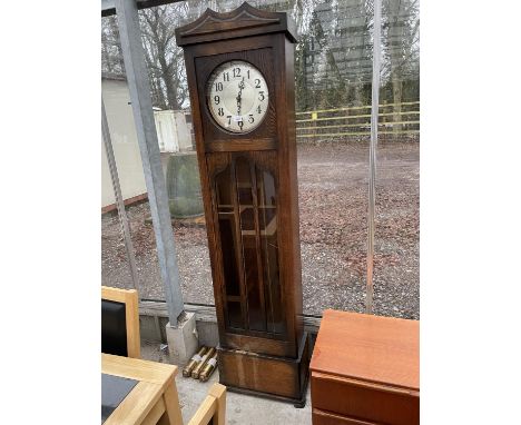 AN EARLY 20TH CENTURY OAK HALL LONGCASE CLOCK WITH GLASS DOOR AND THREE WEIGHTS 