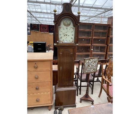 A 19TH CENTURY OAK CASED EIGHT DAY LONGCASE CLOCK WITH PAINTED ENAMEL DIAL FEATURING YOUNG BOY PLAYING A TRIANGLE 