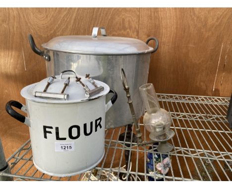 AN ENAMEL FLOUR TIN, A VINTAGE AND LARGE STAINLESS STEEL COOKING POT 