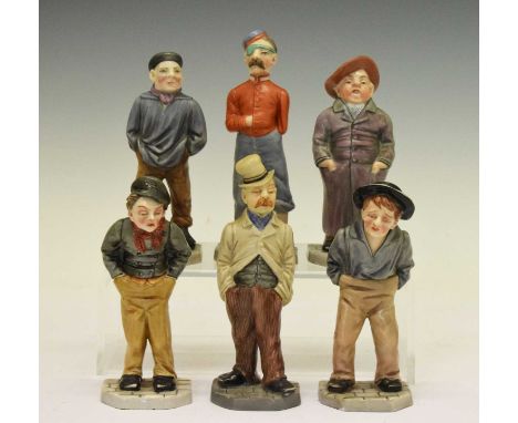 James Hadley for Royal Worcester - Set of six late Victorian porcelain menu holder figures from the 'Down and Out' series, ea