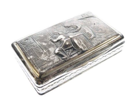 Regency silver snuff box, the hinged rectangular cover embossed with a tavern scene in the manner of Teniers, over shaped pur