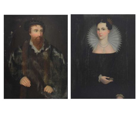 Two English aristocratic family portraits on canvas – Portrait of Sir Robert Sheffield, after Hans Holbein, inscribed upper l