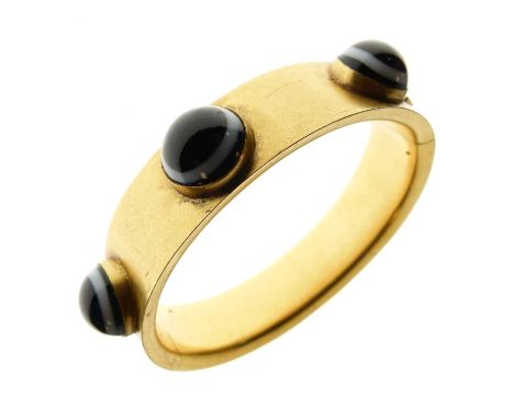 Victorian gilt metal agate set hinged bangle, set with six cabochons, bangle approximately 11mm wide, internal diameter appro